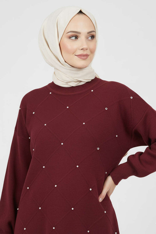 Serpme Taşlı Triko Tunik Bordo