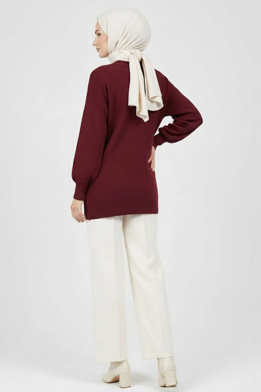 Serpme Taşlı Triko Tunik Bordo