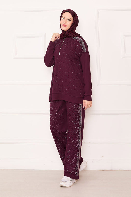 Half Zippered Two Piece Suit with Sprinkled Stones, Burgundy