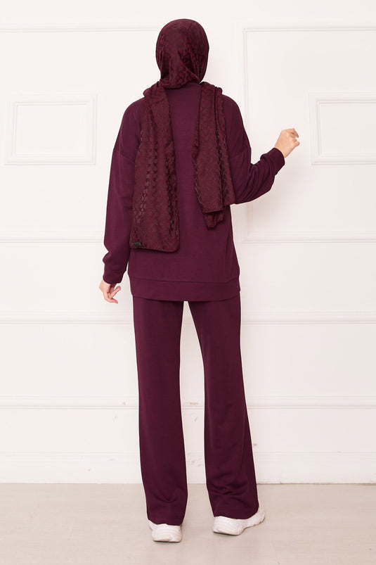 Half Zippered Two Piece Suit with Sprinkled Stones, Burgundy