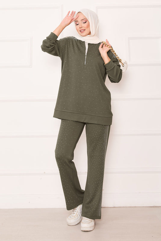 Half Zippered Two Piece Suit Khaki with Sprinkled Stones
