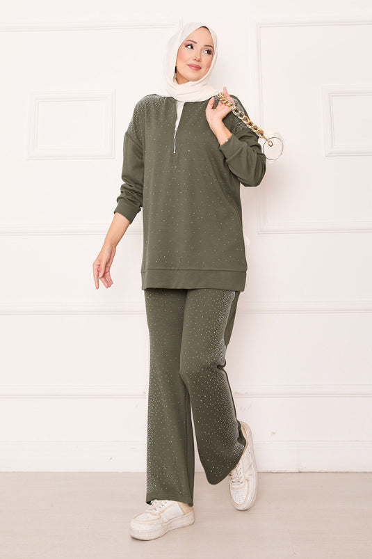 Half Zippered Two Piece Suit Khaki with Sprinkled Stones