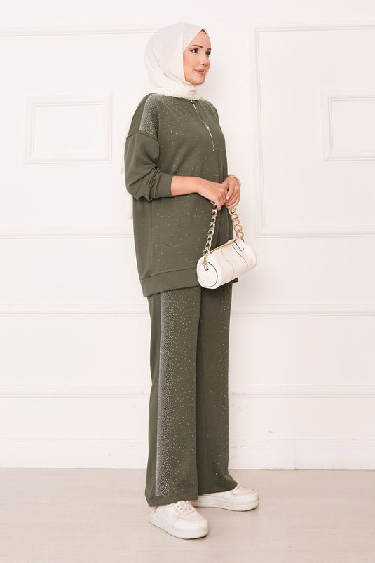 Half Zippered Two Piece Suit Khaki with Sprinkled Stones