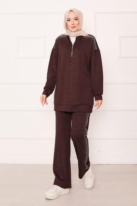 Half Zippered Two Piece Suit Brown with Sprinkled Stones