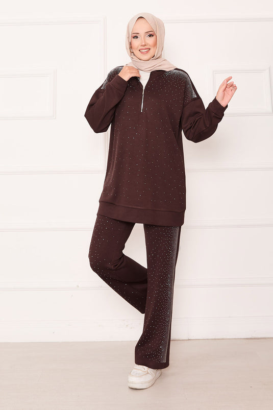 Half Zippered Two Piece Suit Brown with Sprinkled Stones