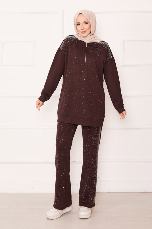 Half Zippered Two Piece Suit Brown with Sprinkled Stones