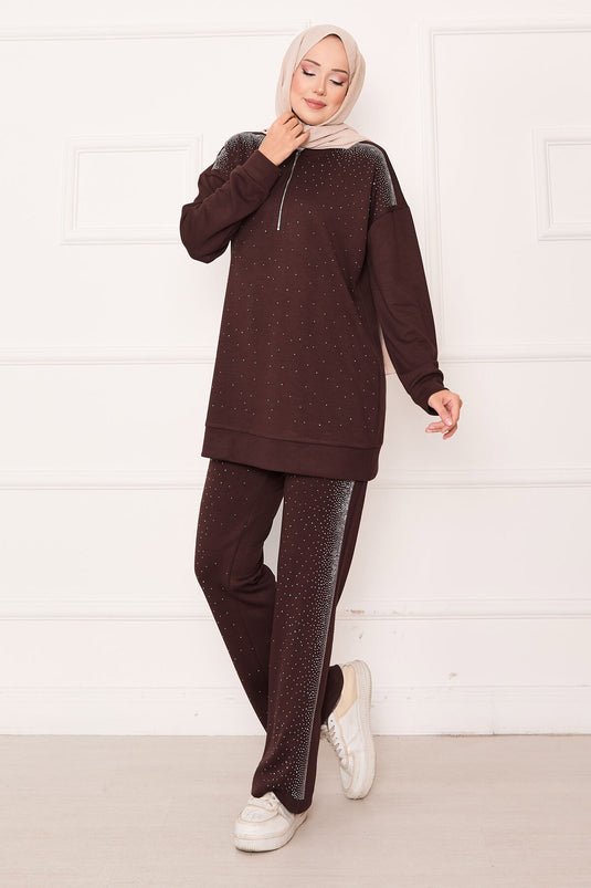 Half Zippered Two Piece Suit Brown with Sprinkled Stones