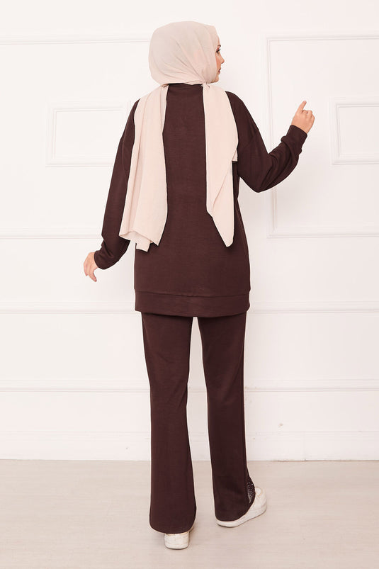 Half Zippered Two Piece Suit Brown with Sprinkled Stones