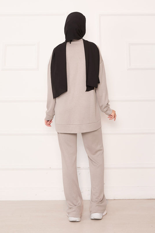 Half Zippered Two Piece Mink Suit with Sprinkled Stones