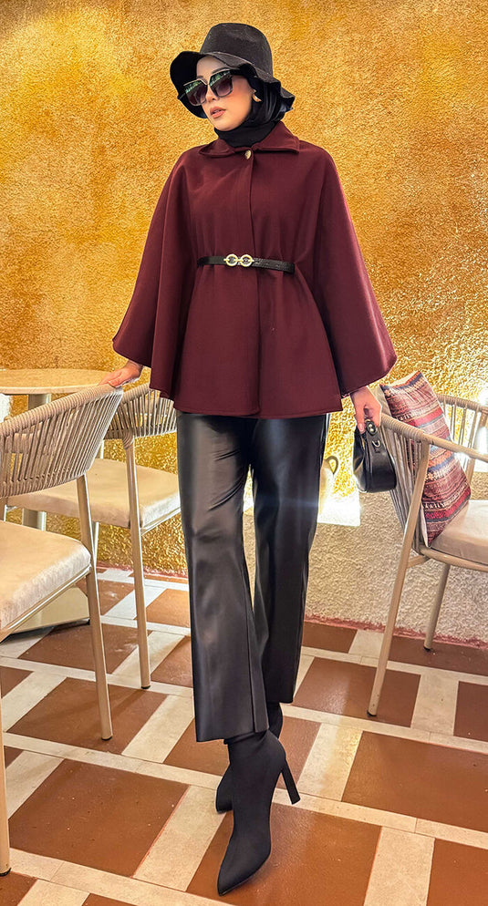 Seyyar  Kemerli Düğme Detaylı Tesettür Kaşe Panço Bordo