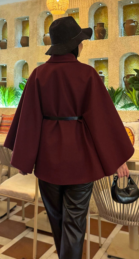 Seyyar  Kemerli Düğme Detaylı Tesettür Kaşe Panço Bordo