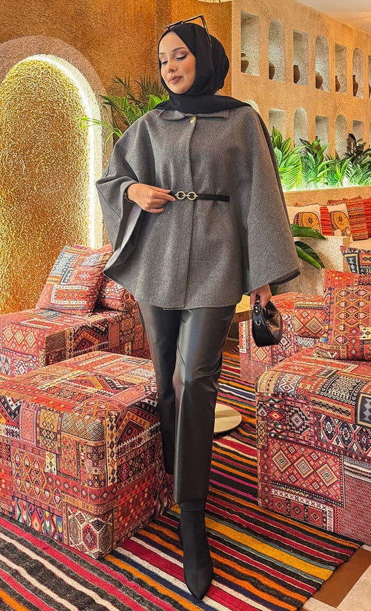 Seyyar  Kemerli Düğme Detaylı Tesettür Kaşe Panço Gri