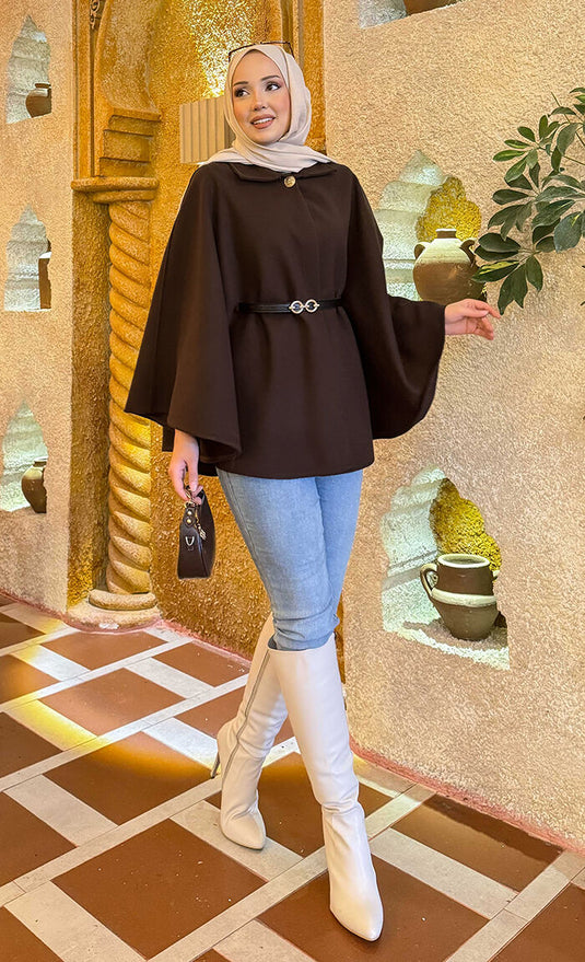 Seyyar  Kemerli Düğme Detaylı Tesettür Kaşe Panço Kahve
