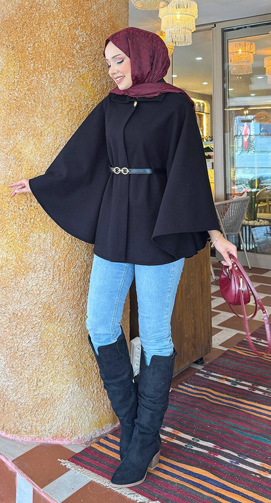 Seyyar  Kemerli Düğme Detaylı Tesettür Kaşe Panço Siyah