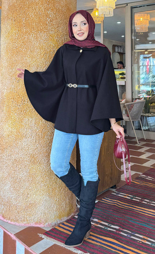 Seyyar  Kemerli Düğme Detaylı Tesettür Kaşe Panço Siyah