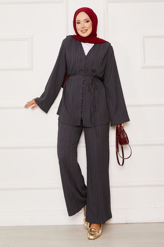 Costume deux pièces boutonné avec ceinture amovible, anthracite