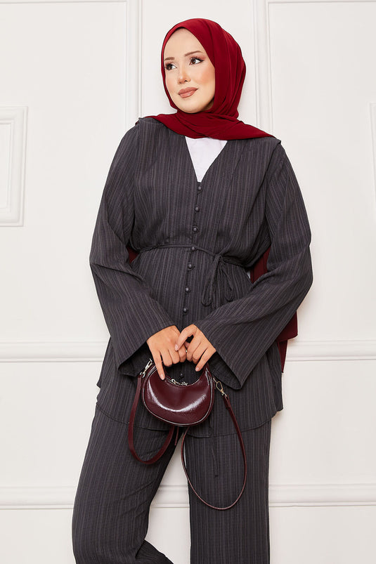 Costume deux pièces boutonné avec ceinture amovible, anthracite