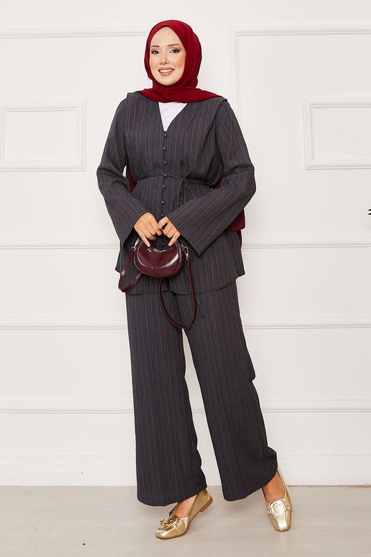 Costume deux pièces boutonné avec ceinture amovible, anthracite