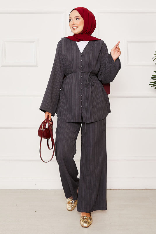 Costume deux pièces boutonné avec ceinture amovible, anthracite