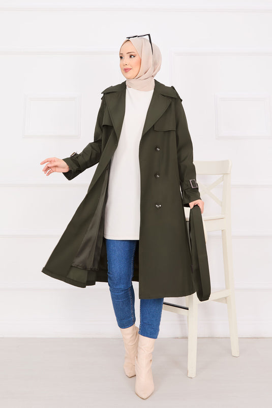 Mobiler Trenchcoat mit Knopfleiste und Gürtel in Khaki