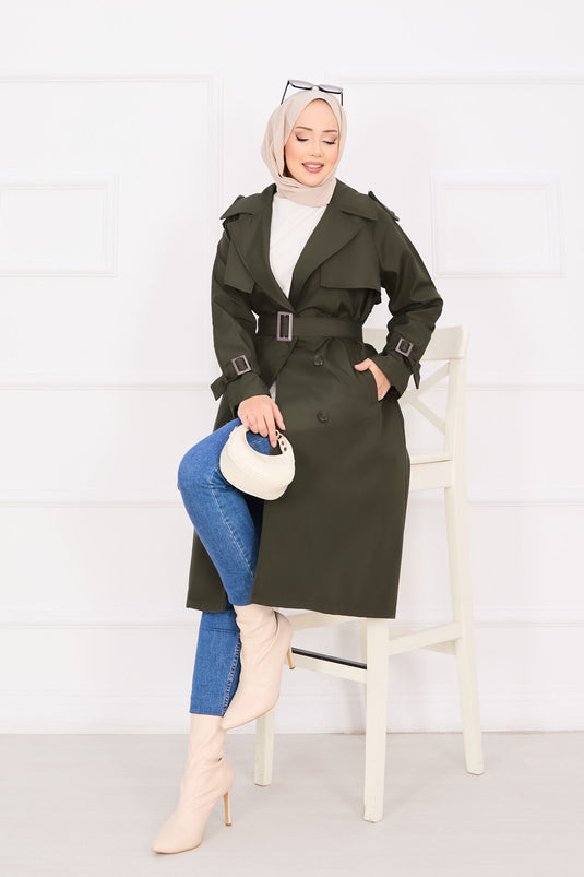 Mobiler Trenchcoat mit Knopfleiste und Gürtel in Khaki