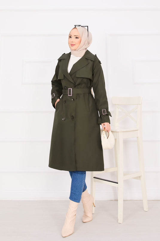 Mobiler Trenchcoat mit Knopfleiste und Gürtel in Khaki