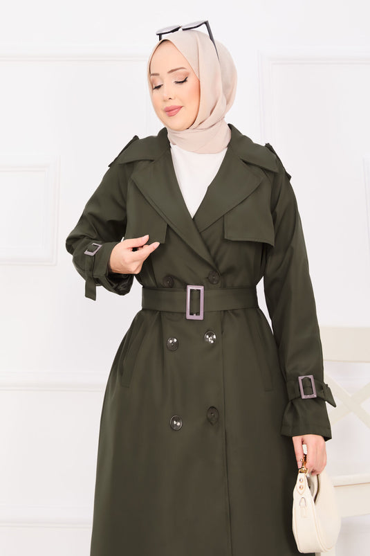 Mobiler Trenchcoat mit Knopfleiste und Gürtel in Khaki