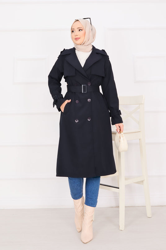 Trench dettagliato con bottoni mobili con cintura blu navy