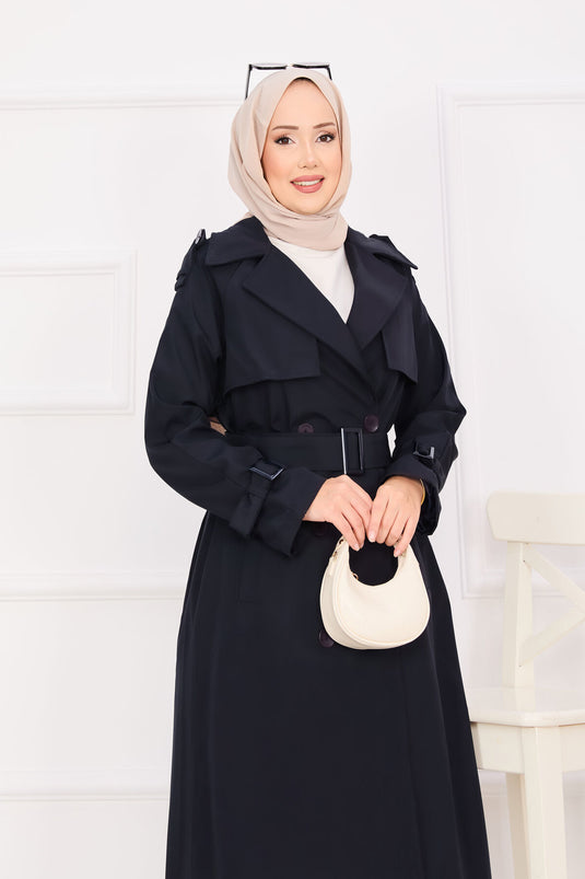 Trench dettagliato con bottoni mobili con cintura blu navy