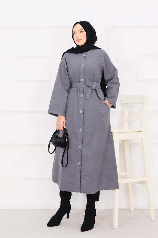 Seyyar Kuşaklı Düğmeli Kaşe Kaban Gri