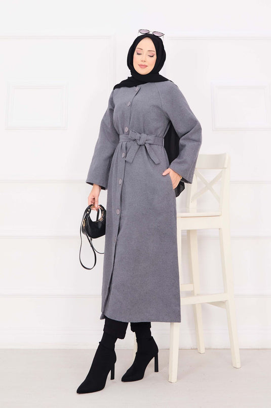 Seyyar Kuşaklı Düğmeli Kaşe Kaban Gri