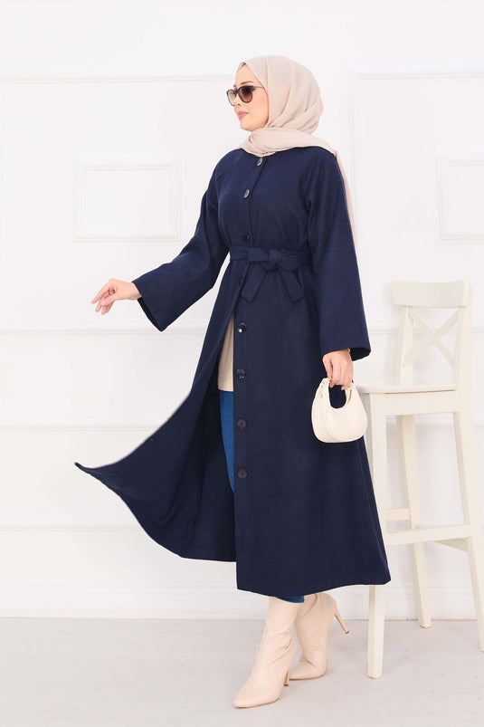 Manteau Cachemire Boutonné Ceinturé Mobile Bleu Marine