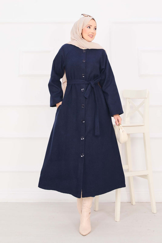 Manteau Cachemire Boutonné Ceinturé Mobile Bleu Marine