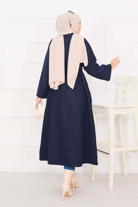 Manteau Cachemire Boutonné Ceinturé Mobile Bleu Marine