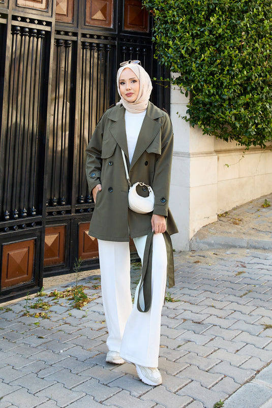 Removable Belted Buttoned Short Trench Coat Khaki