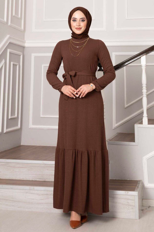 Robe Jupe Volante Ceinturée Flottante Marron