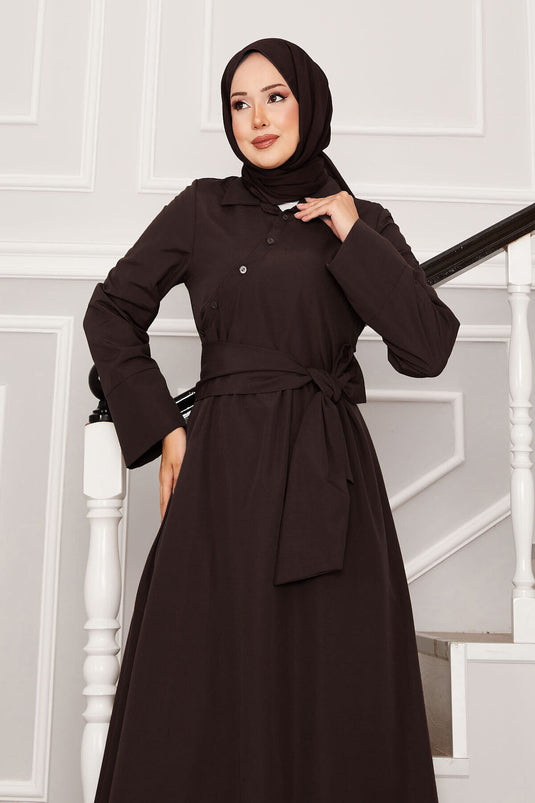 Removable Belted Shirt Collar Dress Bitter Brown