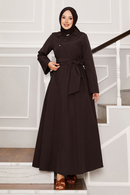 Removable Belted Shirt Collar Dress Bitter Brown