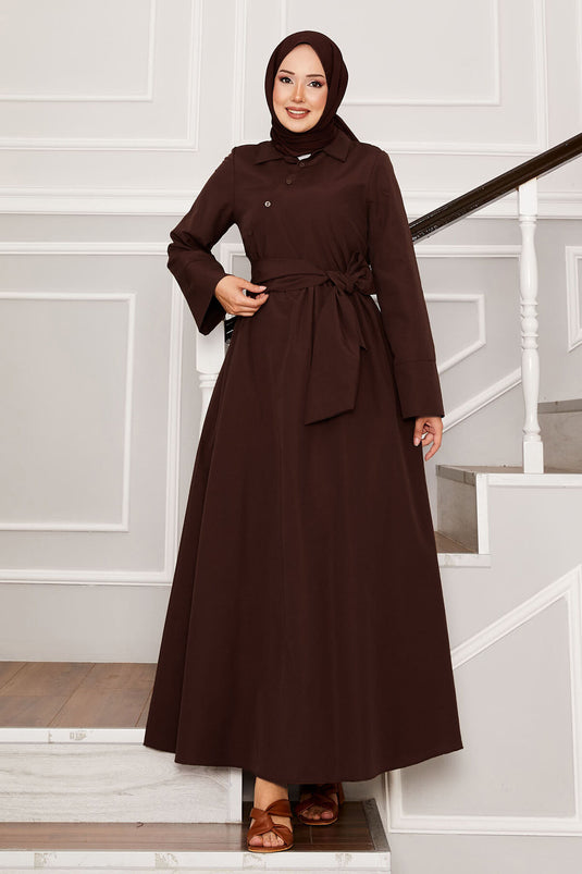 Robe à col chemise avec ceinture amovible marron