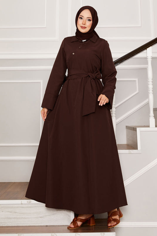 Robe à col chemise avec ceinture amovible marron