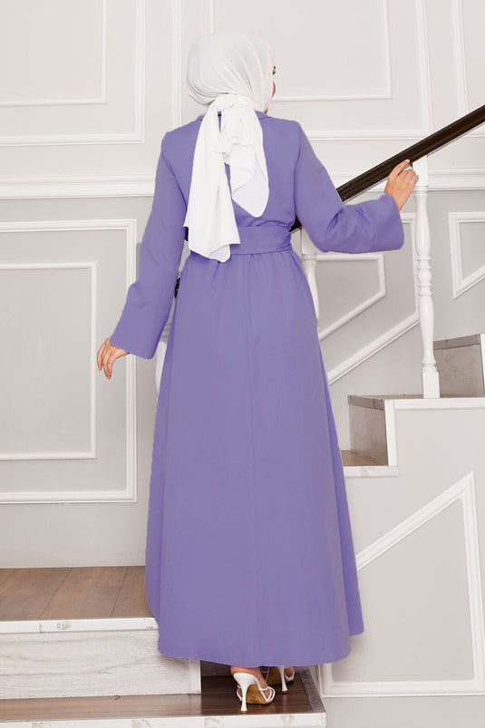 Removable Belted Shirt Collar Dress Dark Lilac