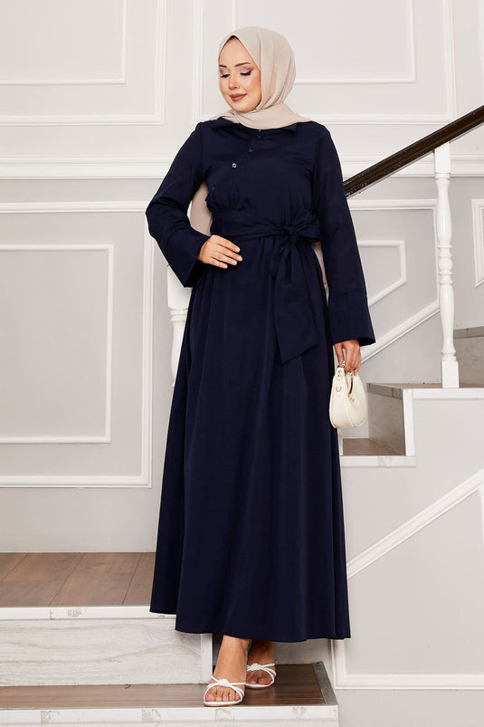 Abito con colletto a camicia con cintura rimovibile, blu navy