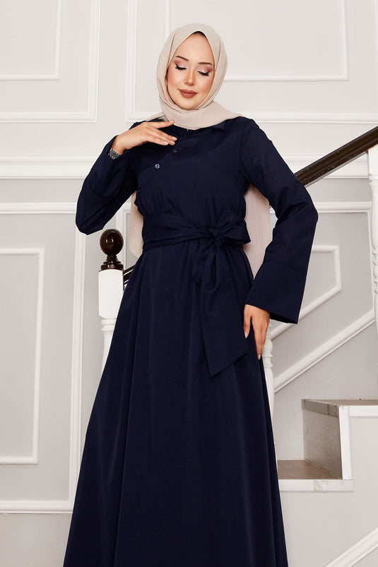 Abito con colletto a camicia con cintura rimovibile, blu navy
