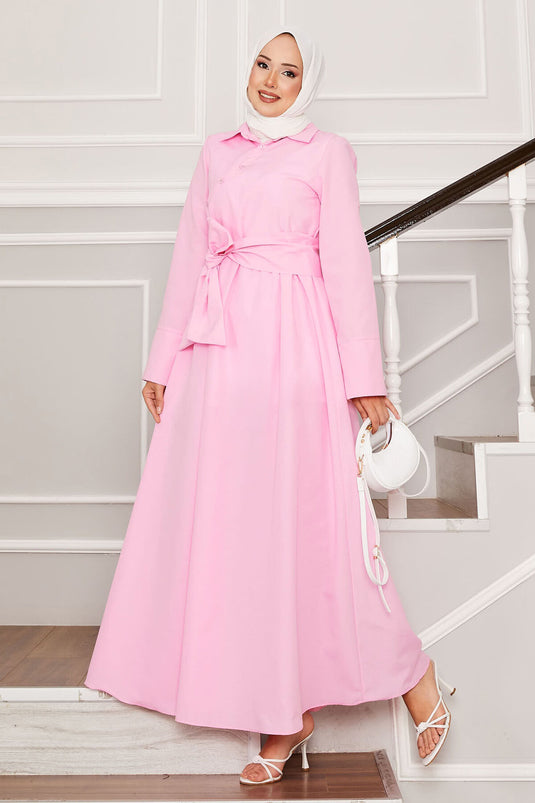 Removable Belted Shirt Collar Dress Pink