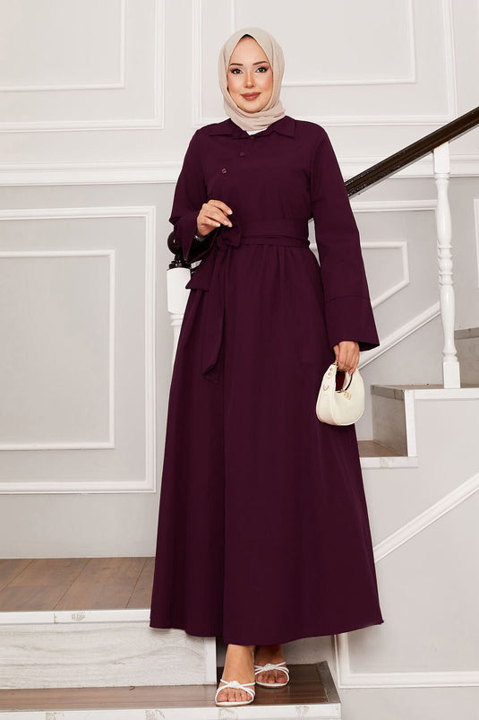 Removable Belted Shirt Collar Dress Wine
