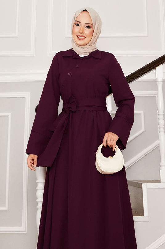 Removable Belted Shirt Collar Dress Wine