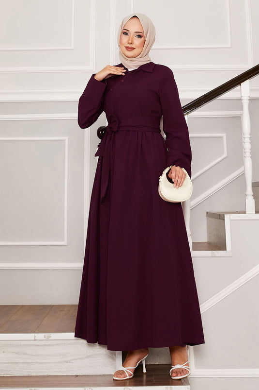 Removable Belted Shirt Collar Dress Wine