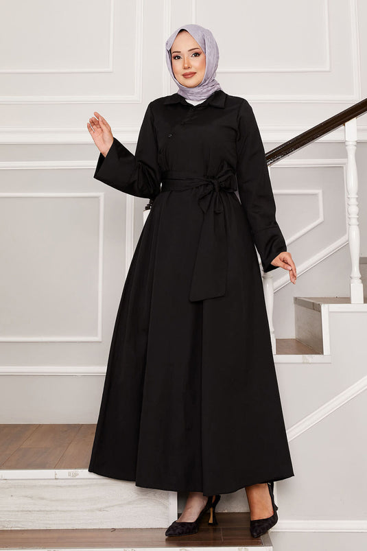 Removable Belted Shirt Collar Dress Black
