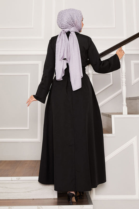 Removable Belted Shirt Collar Dress Black