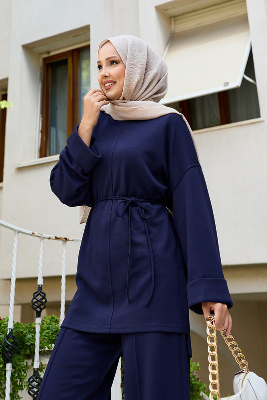 بدلة أويشو من قطعتين قابلة للإزالة بحزام باللون الأزرق الداكن
